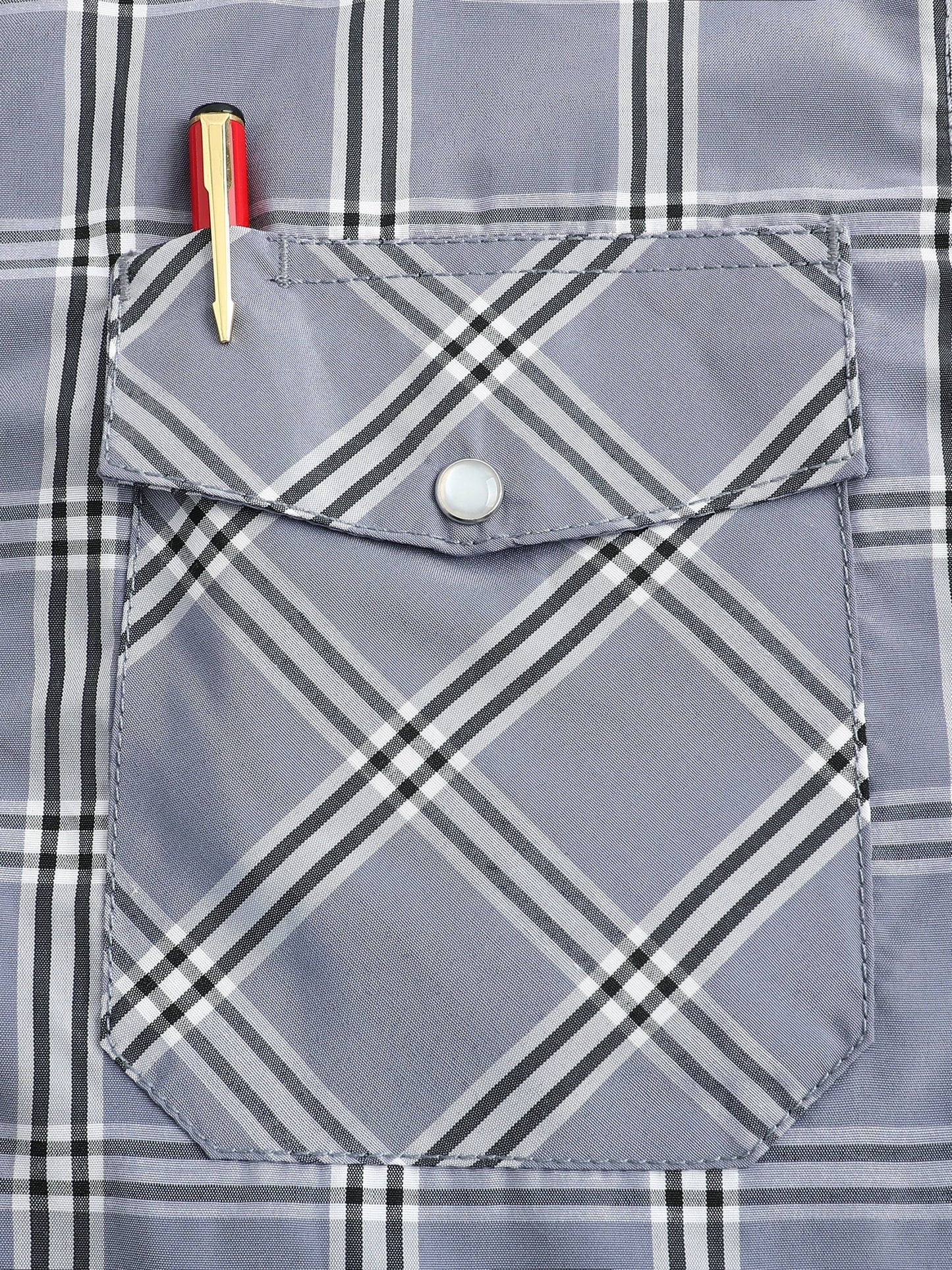 Men's Summer Casual Plaid Shirt, 94% Polyester 6% Cotton, Short Sleeve, Skinny Fit, Lapel Collar, Single Breasted, 2 Pockets with Pen Holder, Lightweight Fabric, Pearl Snap Buttons, Regular