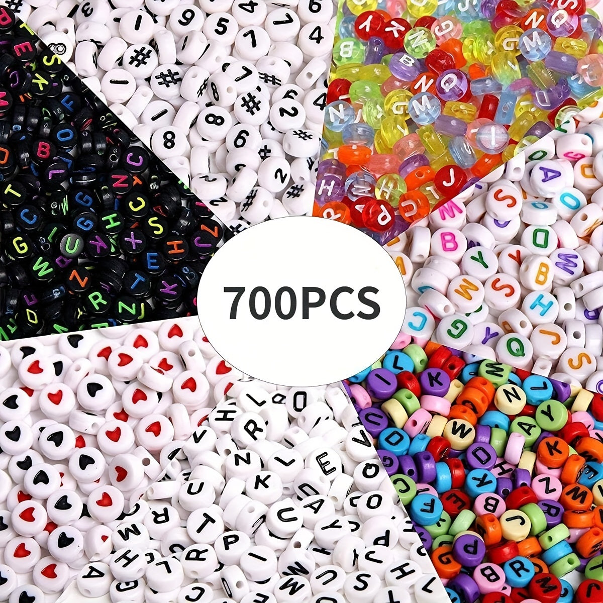 700 pieces of round letter beads in 7 different colors, ideal for creating jewelry such as necklaces and bracelets. These acrylic alphabet and number beads are perfect for DIY projects.