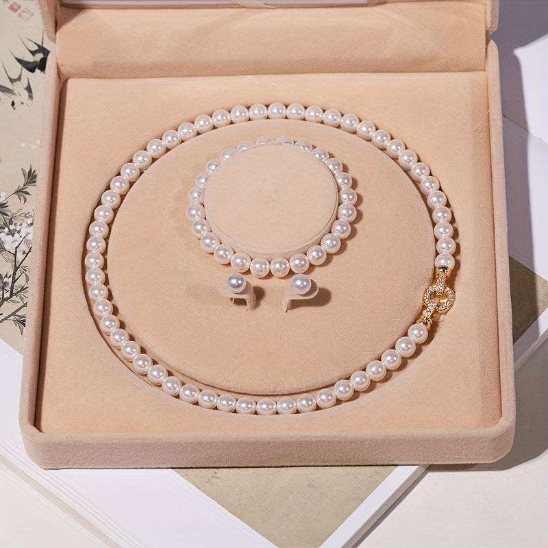 Set of Three Round Necklaces featuring Natural Freshwater Pearls, Shell, and Mother-of-Pearl Beads with Matching Bracelet for Women