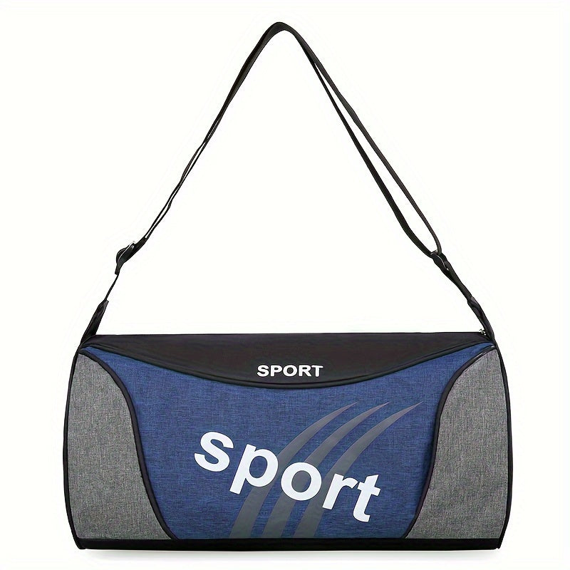 Nylon travel duffle bag with adjustable strap, ideal for sports and activities. Comes in light blue, gray, red, and black.