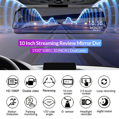 ZKCAMSPY 1080P front and 720P rear camera mirror DVR with touch screen. Magnetic mount, lithium-polymer rechargeable battery, 27.5FPS, 5V car plug power mode. Includes universal driver's