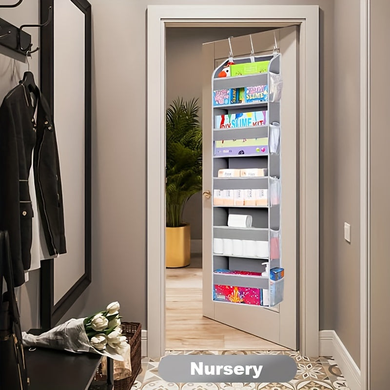 Door Hanging Storage Organizer featuring 5 pockets and 10 mesh bags, with a weight capacity of up to 44lbs (approx. 20kg). This organizer includes a clear window for easy visibility and is perfect for storing items in the bedroom, shoes, diapers, or