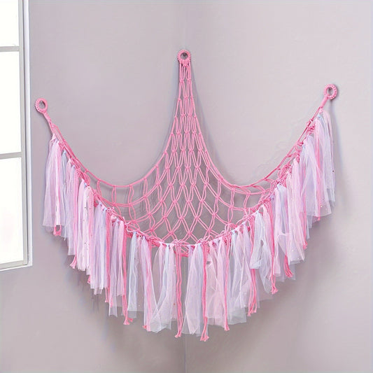 Triangle Hammock made of hand-woven fabric perfect for dolls and plush toys. Features a corner storage net with streamer for added fun. Ideal for nursery decor, can also be used as a unique storage solution.