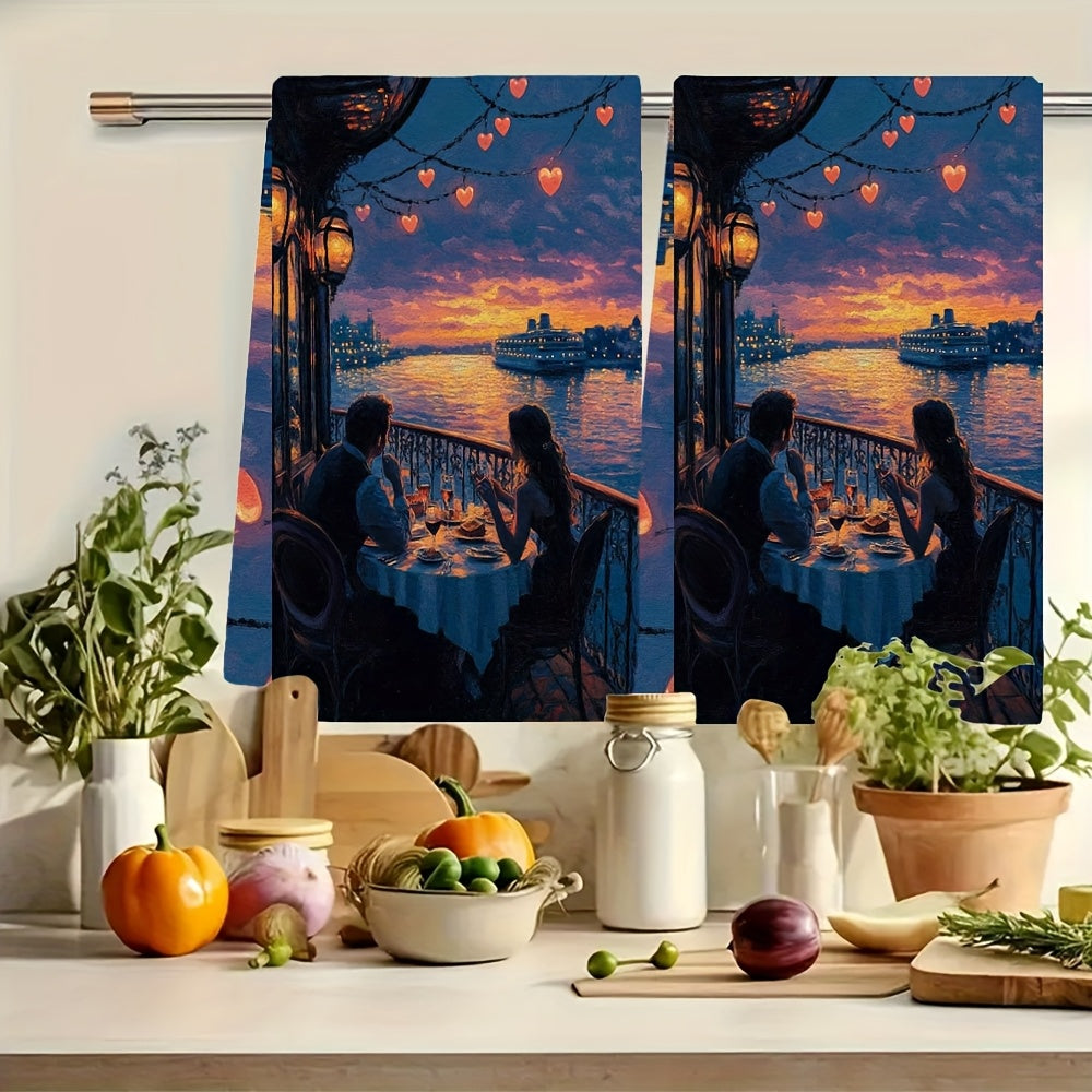 This set includes 2 ultra-soft kitchen towels with the artwork of a couple enjoying a dinner cruise. The scene depicts them dining at a table with a beautiful view, dancing to music, and surrounded by heart-shaped lights on the ship's railing. These