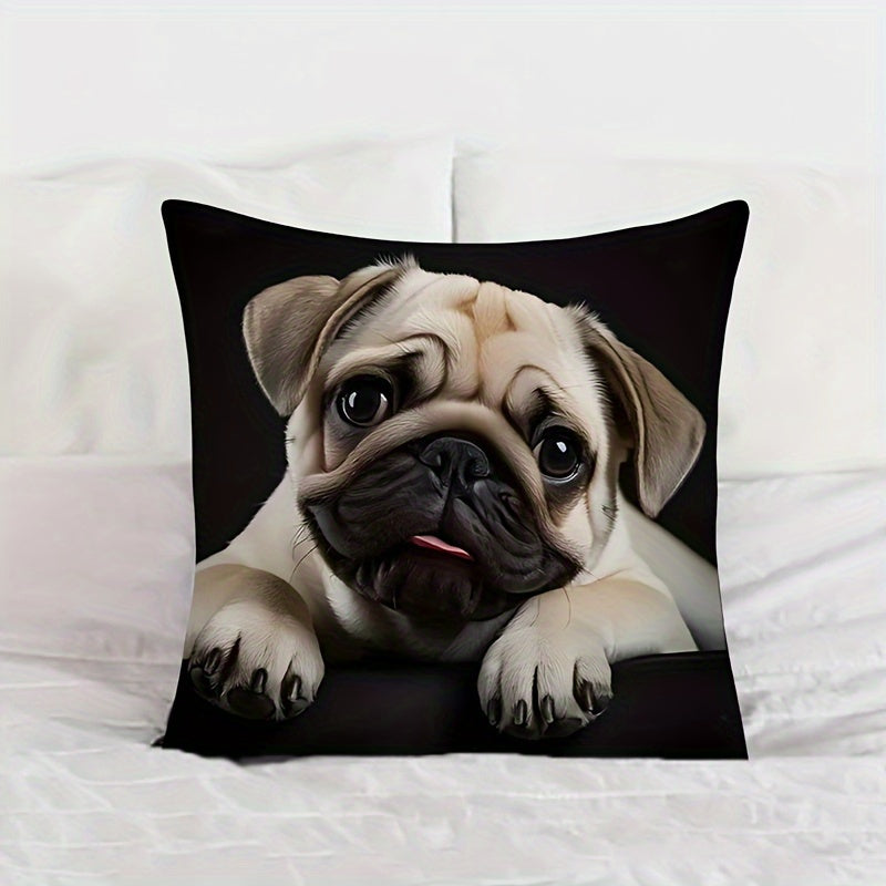 Double-sided throw pillow cover featuring an adorable pug design, measuring 44.96x44.96cm. Made of decorative polyester, this cushion case is ideal for the home and living room. A perfect gift for dog lovers and pug moms, this cover includes a zip