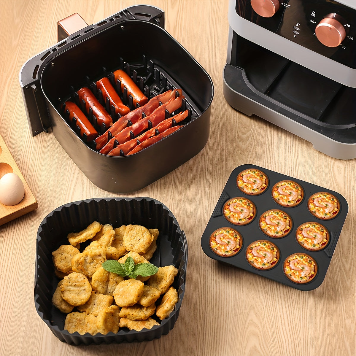 1 set of square silicone air fryer accessories, including a 19.0 cm bacon & hot dog rack, a 9 cavity cake mold, and an air fryer liner. These accessories are BPA-free, dishwasher safe, and compatible with 7QT+ air fryers in black color.