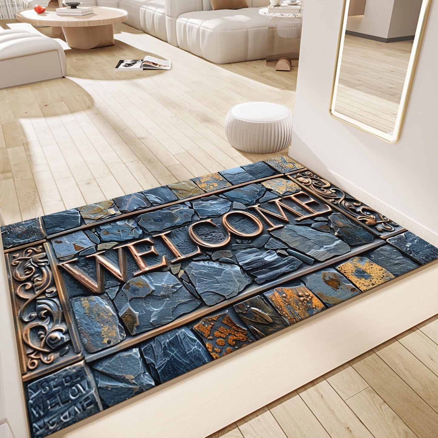 3D Real Stone Pattern Cobblestone Welcome Mat - Durable, Non-Slip & Waterproof, Easy to Clean Polyester Mat for Home Decor, Ideal for Entryway, Living Room, Bathroom, and Outdoor Spaces.