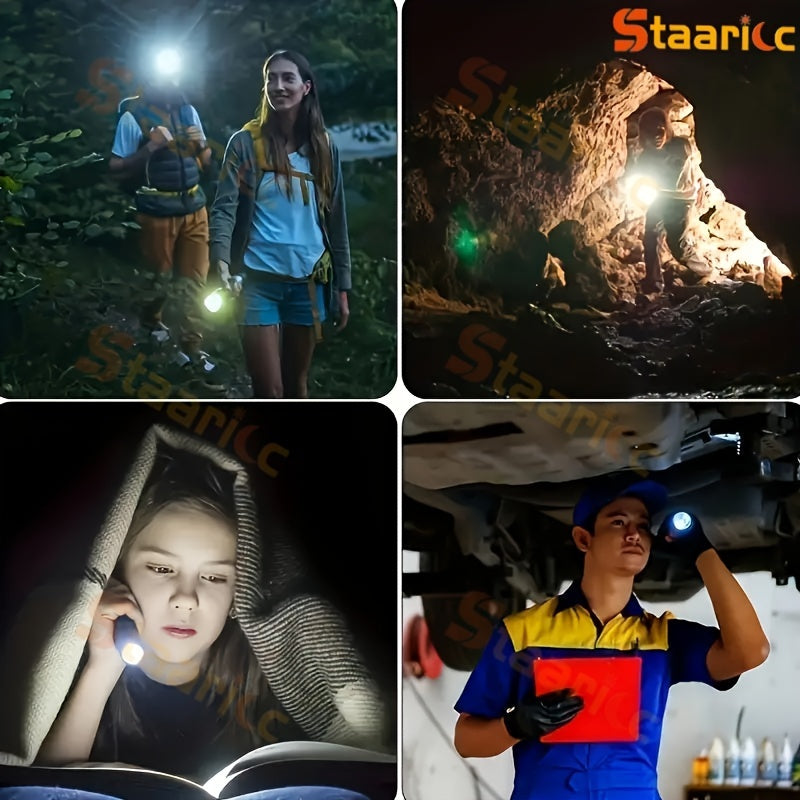 Staaricc LED flashlight with USB rechargeable COB side light, 4 modes, dimmable, push button control, IPX-4, ABS plastic, outdoor use, includes cable and 400mAh battery.