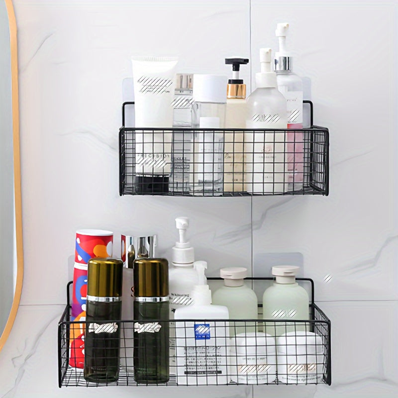 Simple-install shower caddy with cast iron mesh drain rack for bathroom organization and wall-mounted hanging shelf.