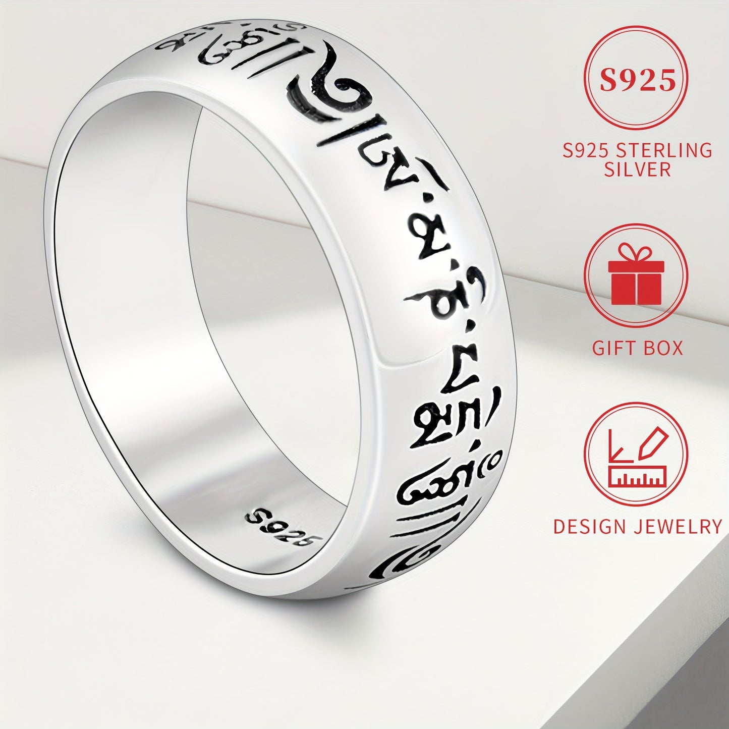 Vintage Ethnic Style 925 Sterling Silver Ring, 5g, Unisex, Hypoallergenic, Nickel-Free, Engraved with Mantra, Celestial Symbol and Solid Silver Plating. Ideal for Everyday Wear and Gifting, Comes in a Gift Box for presentation.