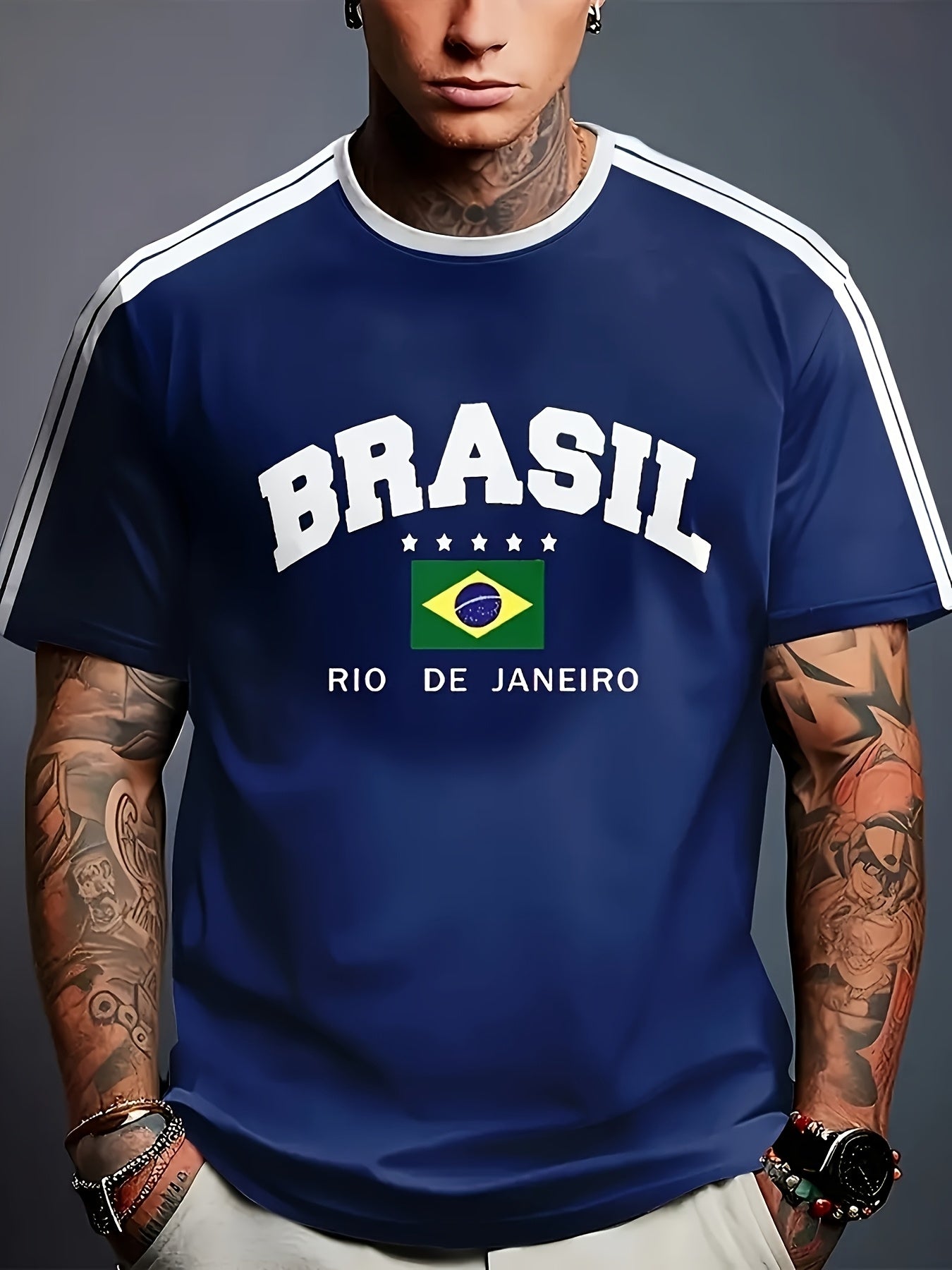 Brazil-inspired casual short sleeve t-shirt for men, in plus size. Made from polyester knit fabric with slight stretch, perfect for summer outdoor and daily wear.