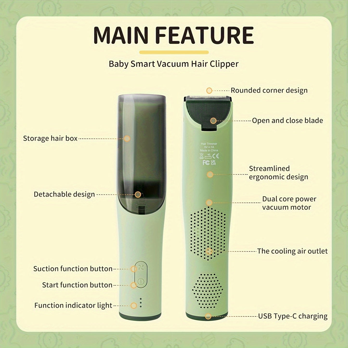 YAFULL Kids Hair Clipper Set - Safe and Quiet Trimming for Ages 3-8, Includes Suction Chamber, 3 Guide Combs, USB Rechargeable Lithium Battery, Wireless Operation, Electric Trimmer Care Kit for Toddlers and Children