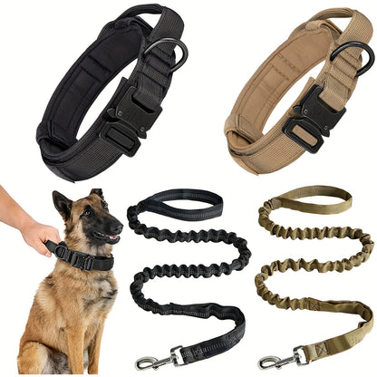 Durable Tactical Dog Collar & Leash Set, Adjustable, Made of Polyester with Metal Buckle & D-Ring, Ideal for All Dog Sizes - Black, Olive Green, Beige Available