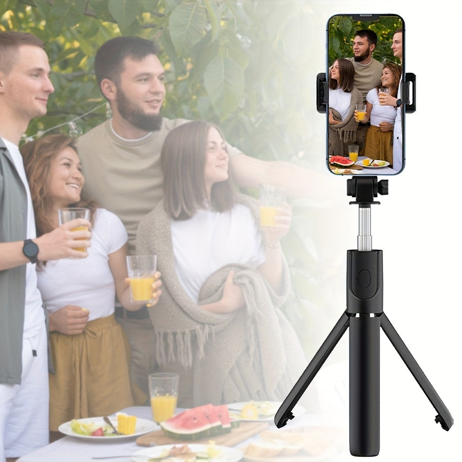 Portable selfie stick tripod with wireless remote control and 360-degree rotation, compatible with Apple iPhone, Samsung, and Android smartphones.