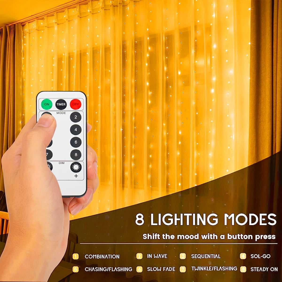 300/200/100 LED Curtain String Lights, 8 Modes, USB Plug In, Copper Wire Lights for Bedroom Window, Halloween, Christmas, Wedding Party.