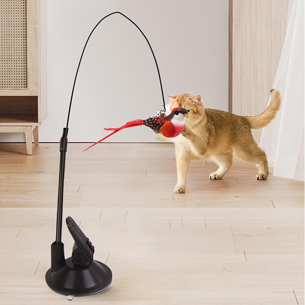 Interactive cat teaser wand with suction cup base, bell, detachable bird toy. Polyester blend, no batteries required. Ideal for indoor play with pet cats.