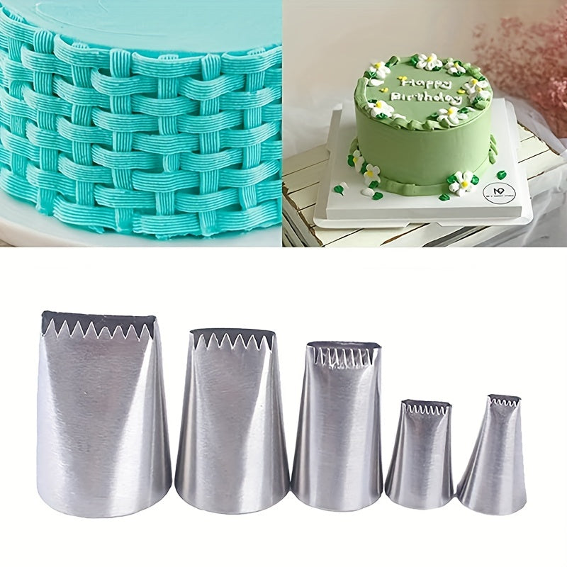 Set of 5 Stainless Steel Piping Tips - Perfect for Intricate Cake Decorating with Sawtooth and Flat Edges. Ideal for Birthday and Anniversary Celebrations, Includes Essential Cake Decorating Supplies.