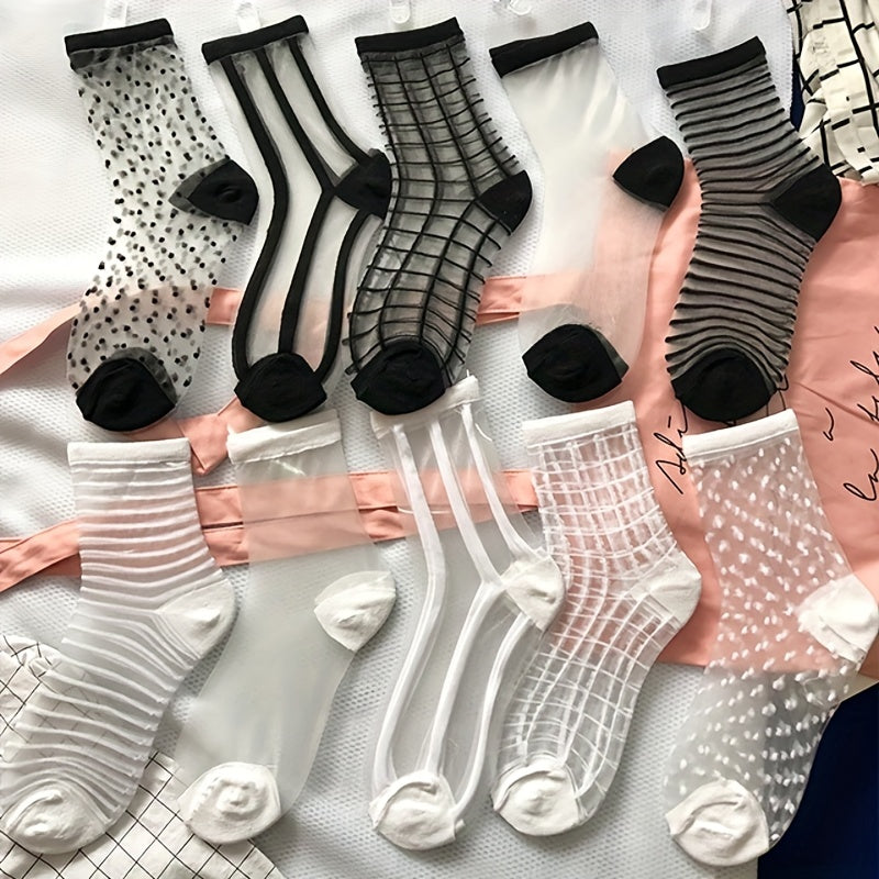 5 pairs of sheer mesh mid tube socks for women, lightweight and breathable.