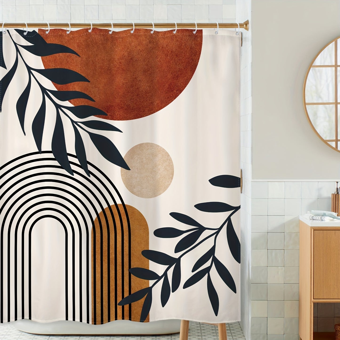 Bohemian abstract medieval shower curtain set includes 1 waterproof curtain, 12 hooks, non-slip bath mat, U-shaped toilet mat, lid mat, and bathroom accessories. Features brown geometric leaves and arched sun plant decoration in a neutral modern