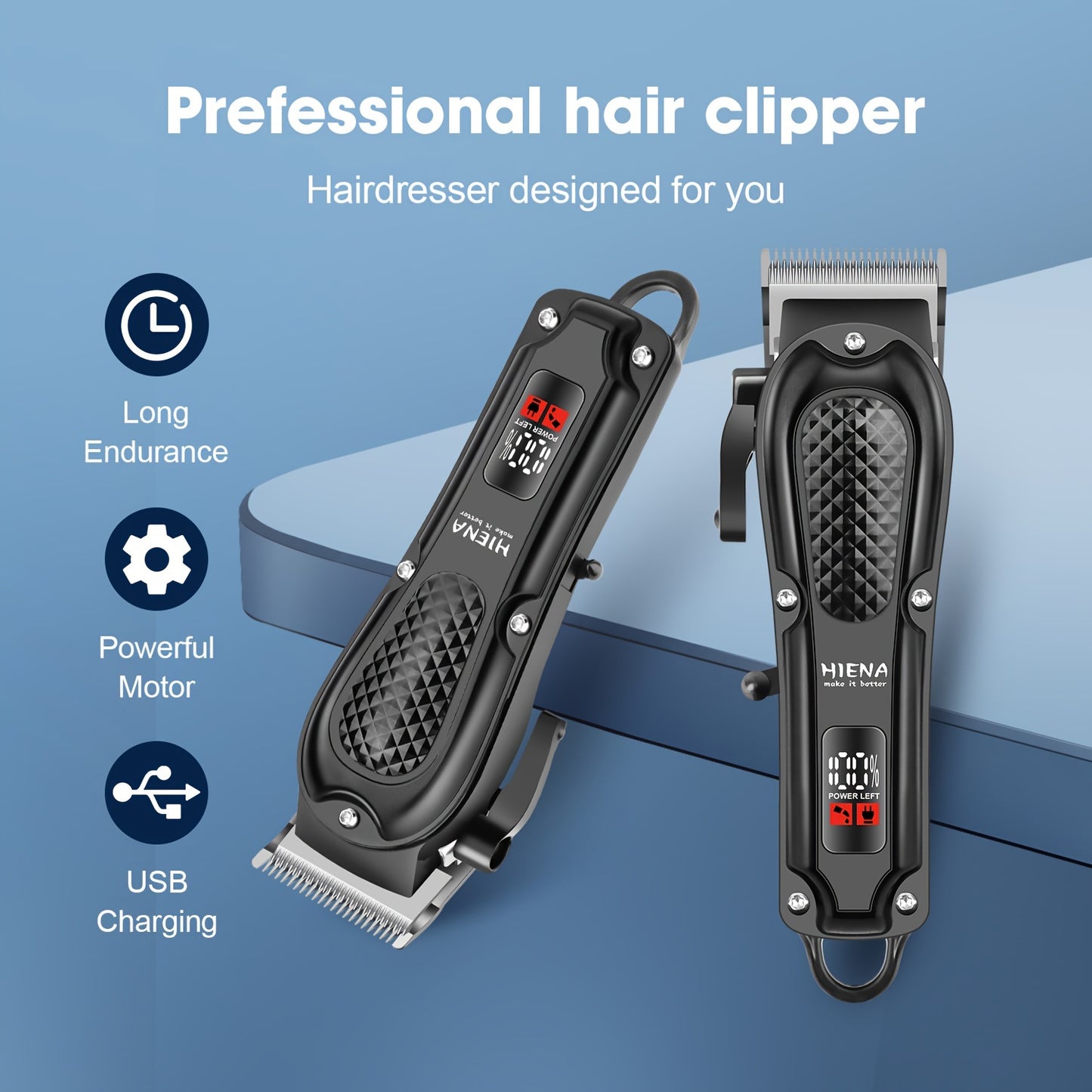 HIENA PRO 2pcs Men's Hair Clippers and Beard Trimmers Set with Lithium Battery, USB Rechargeable for Home Grooming