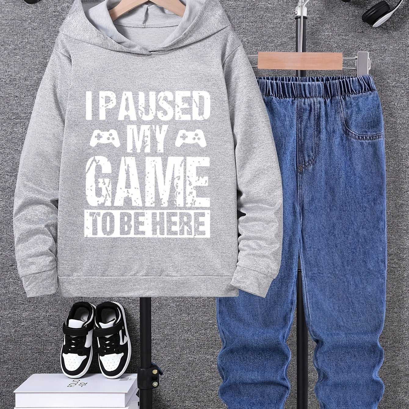 Boys' casual two-piece set with letter print sweatshirt and jeans, ideal for outdoor wear.