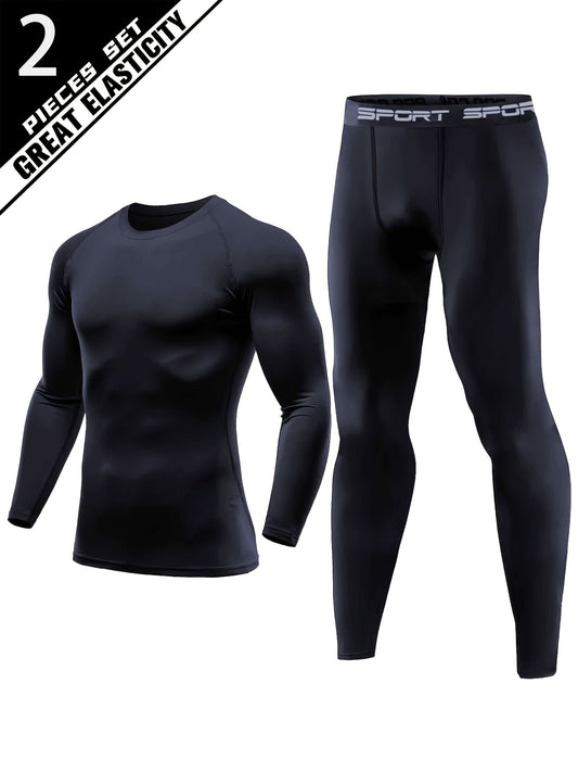 Set of 2 men's athletic underwear with high stretch polyester fabric in solid color. Includes long sleeve compression shirt and leggings for running, basketball, training, and outdoor