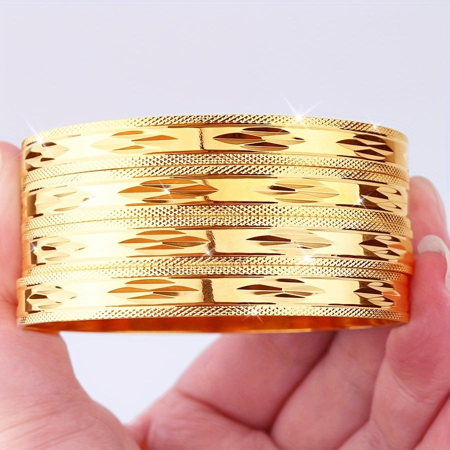 Set of 4 elegant and vintage-style bangles in a golden glossy finish for ladies. These fashion delicate bangles are perfect for both banquet events and daily wear, making them a perfect gift.