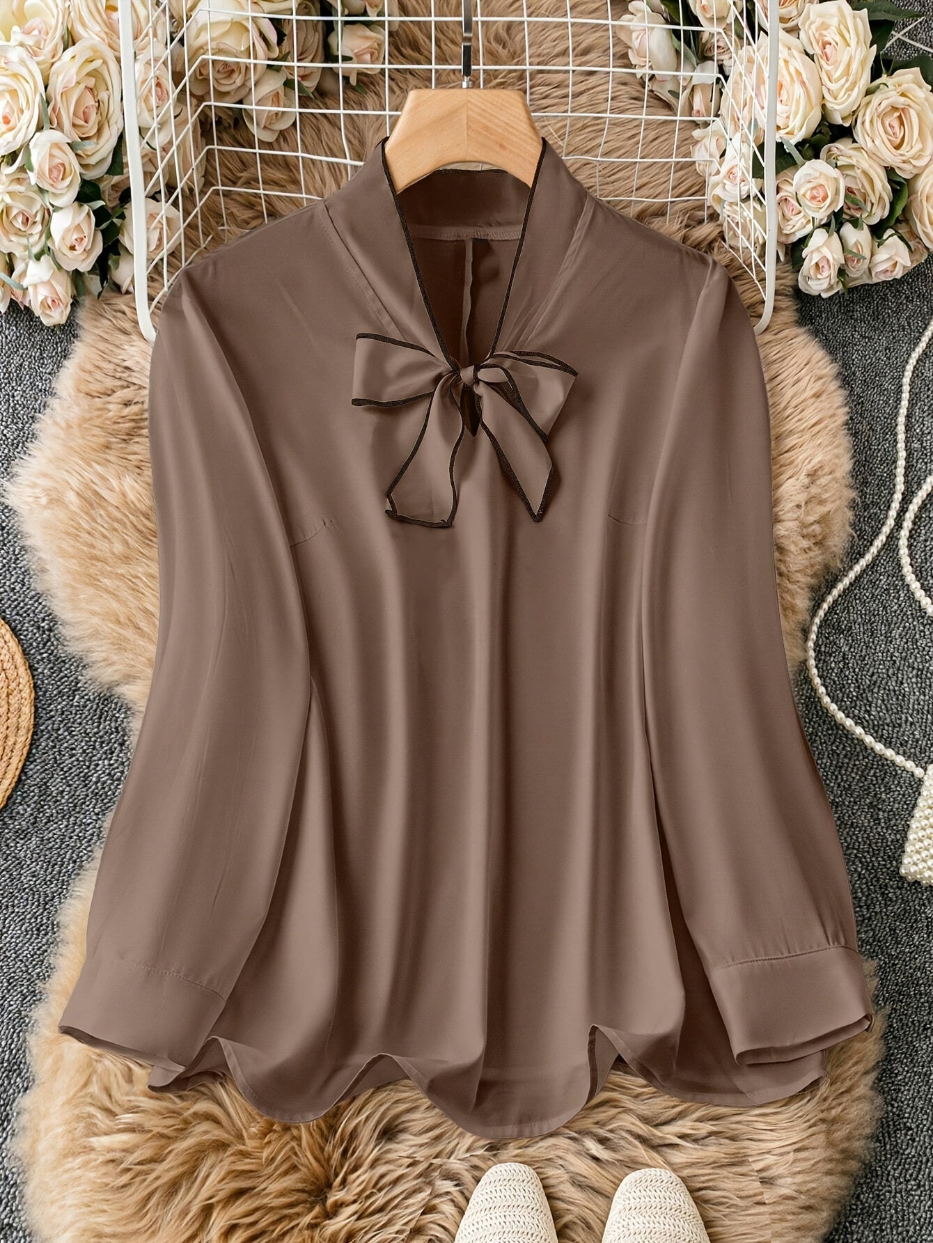 Plus Size Elegant High Neck Blouse with Contrast Binding Detail, 95% Polyester, 5% Spandex, Solid Color, Non-Stretch Woven Fabric, All Season Wear.