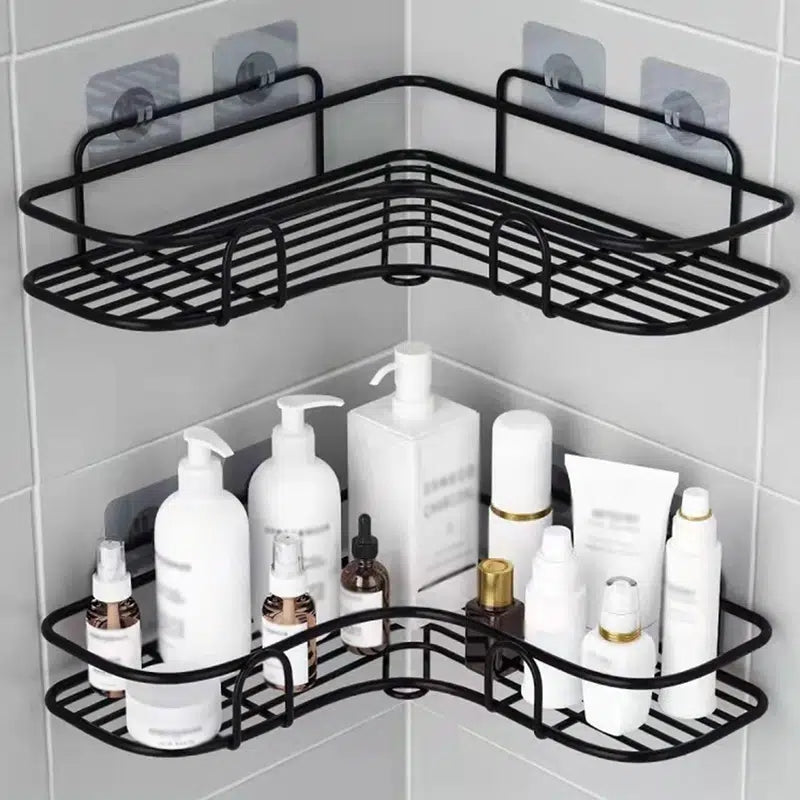 Corner bathroom shelf for outdoor use, no punching required; triangle-shaped storage rack for bathroom and kitchen accessories.