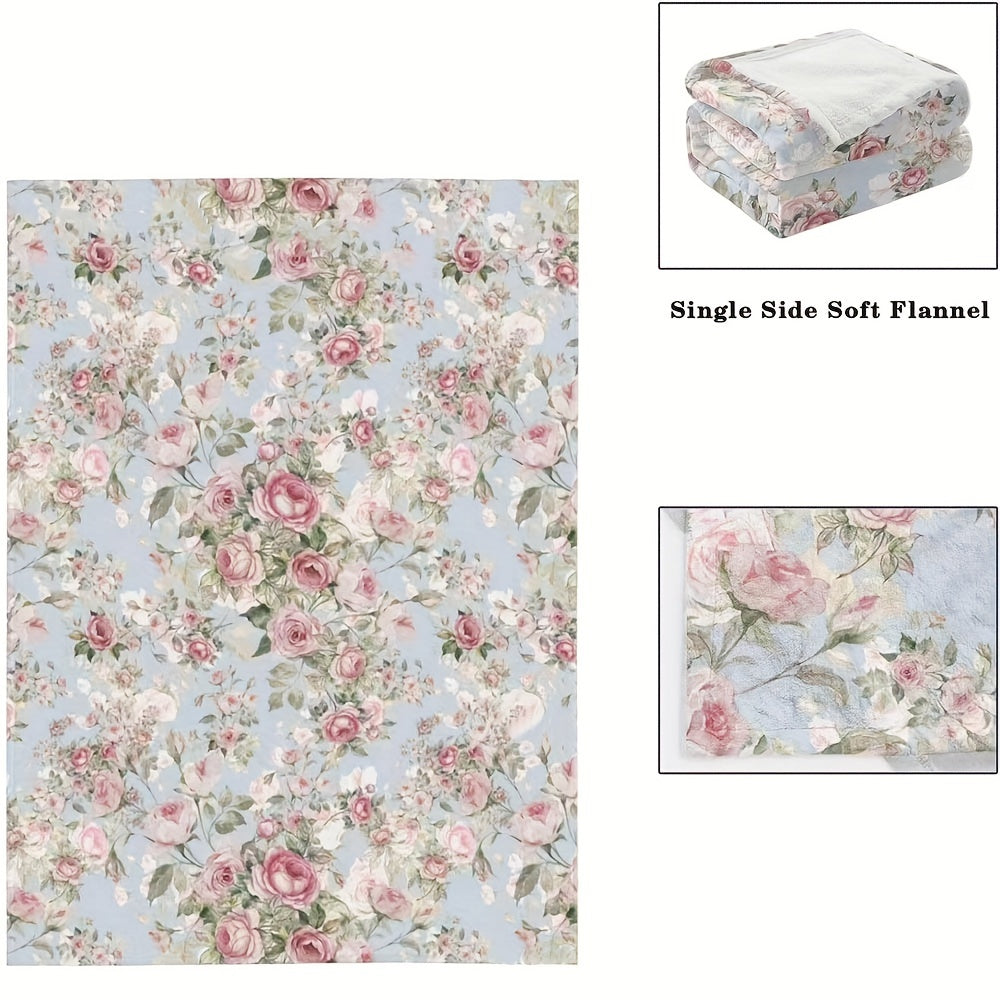 Soft and cozy flannel blanket featuring a beautiful floral rose print, perfect for using on the couch, sofa, in the office, on the bed, while camping, or during travel.