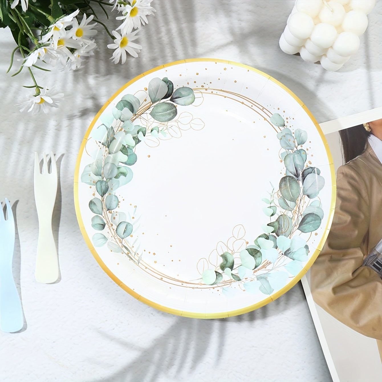 96pcs Eucalyptus Leaf Party Tableware Set for 24 Guests, Ideal for Weddings & Bridal Showers