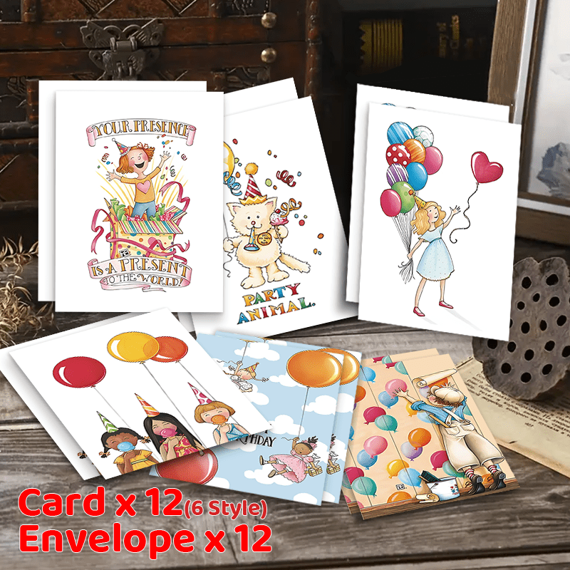 Celebrate with 24 charming Birthday Cards complete with Envelopes - Featuring sweet designs of a Little Girl, Flower Cat, and Balloons - Ideal for expressing gratitude and presenting gifts.