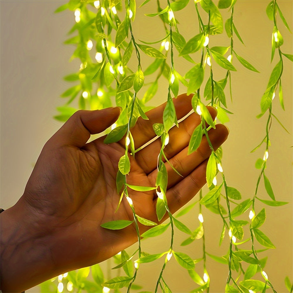 Green willow leaf LED string lights, battery operated, 2M/5M, plastic, suitable for room decor, weddings, and holidays, batteries not included.