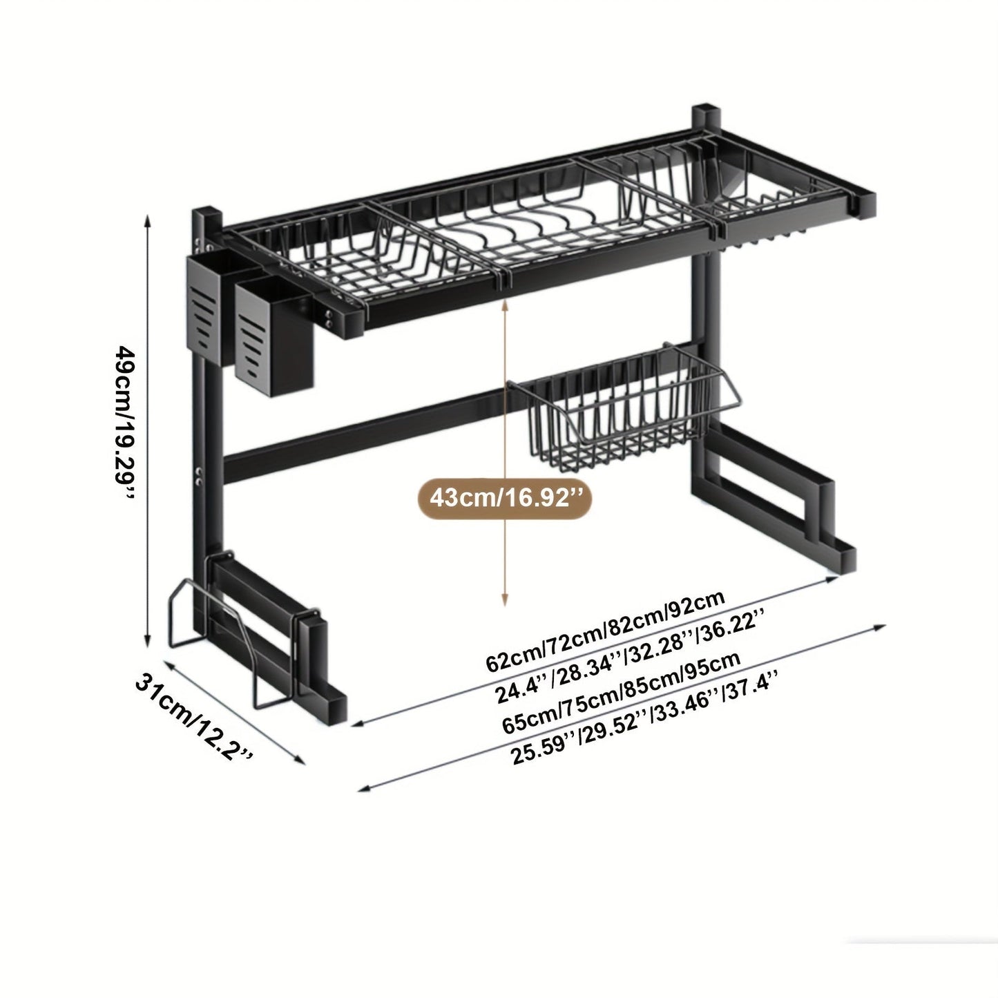 Large black metal dish drying rack that fits over the sink, includes detachable shelf with utensil holder, cup rack, and cleaning sponge caddy. Saves space in the kitchen and doesn't require electricity. Great for organizing kitchen storage.