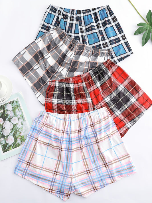 4 plaid print lounge shorts with elastic waist for women's sleepwear and loungewear.