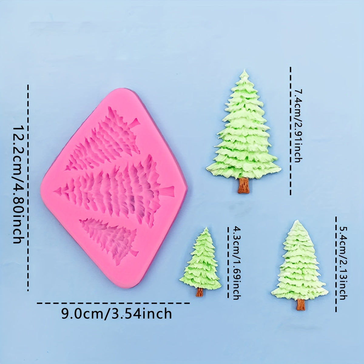 Silicone mold for a Christmas tree pine tree, perfect for making 3D fondant, pudding, chocolate, candy, desserts, gummy treats, handmade soap, aromatherapy candles, plaster, polymer clay, and ice cubes. Ideal for baking, cake decorating, and other