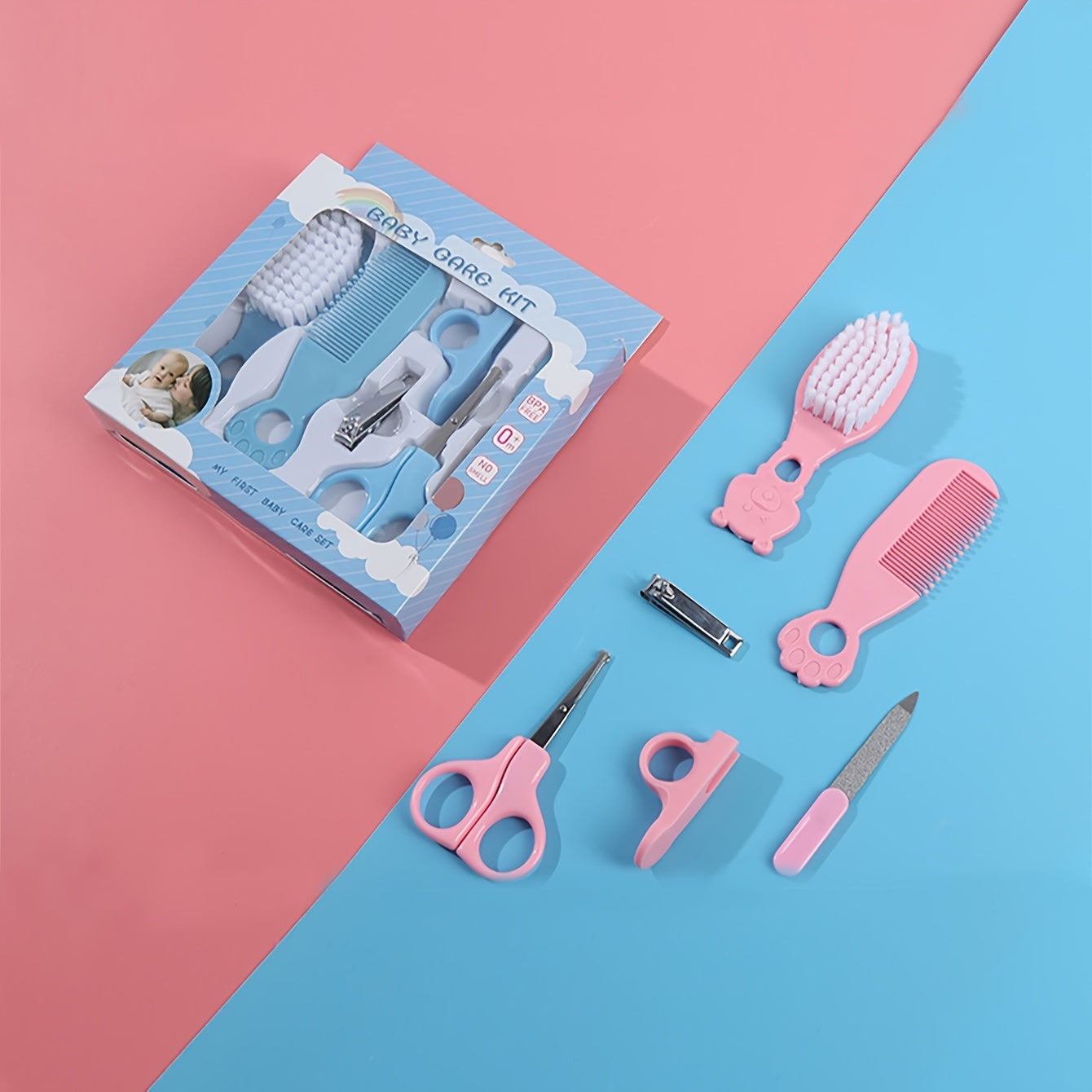 Set of 6 Cartoon Newborn Baby Care Items in a Box: Comb, Brush, Rounded Nail Clipper, Scissors, Nail File, Baby Grooming Kit, Manicure Set - Perfect Baby Shower Gift