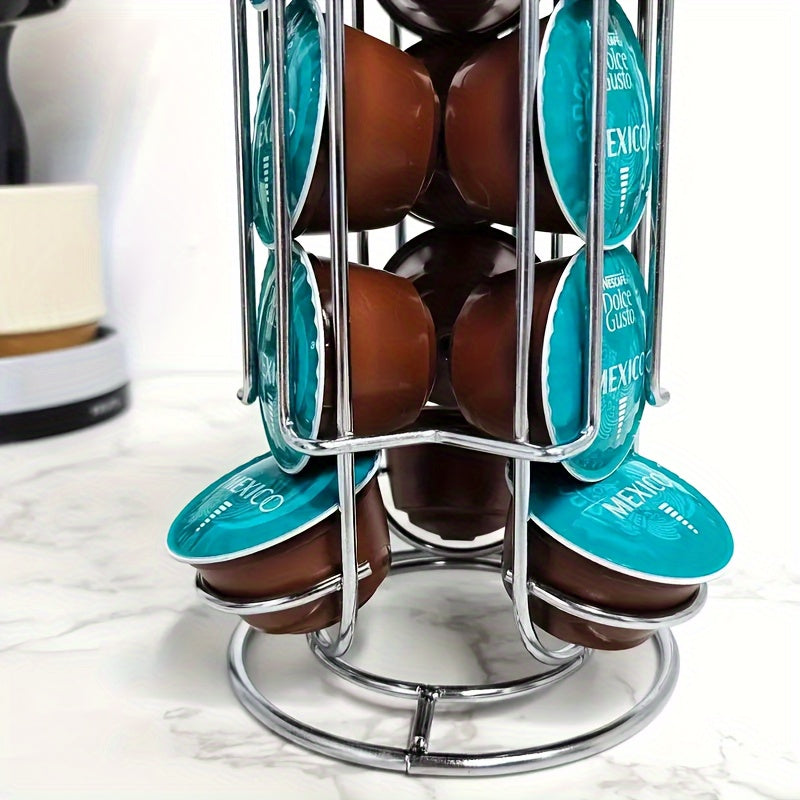 One-piece coffee capsule storage rack designed for 18 Dolce Gusto capsules, made from high-quality rotating iron art.