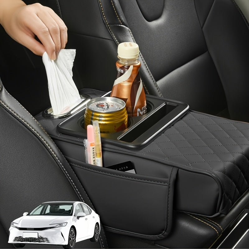 Faux leather car armrest storage box - universal fit, non-textile material, all-season use, organizes water cup, phone, tissues.