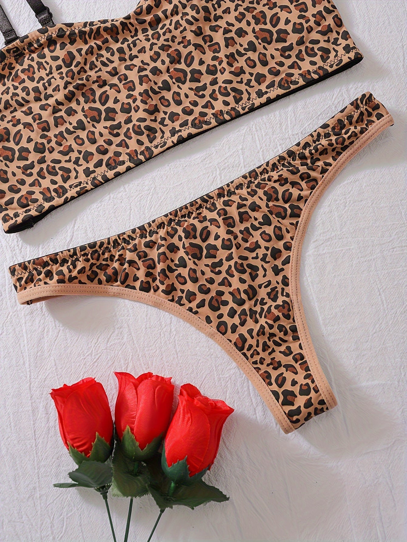 Leopard print bra and panties set for women, machine washable nylon blend, no padding.