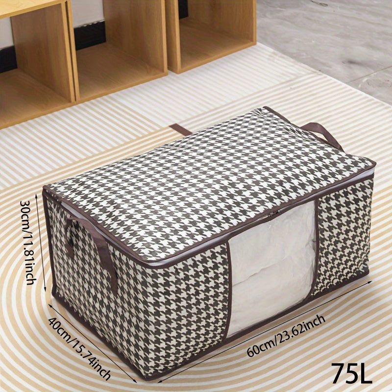 Lightweight portable storage bag with houndstooth window design, large-capacity wardrobe organizer for travel and clothing essentials.