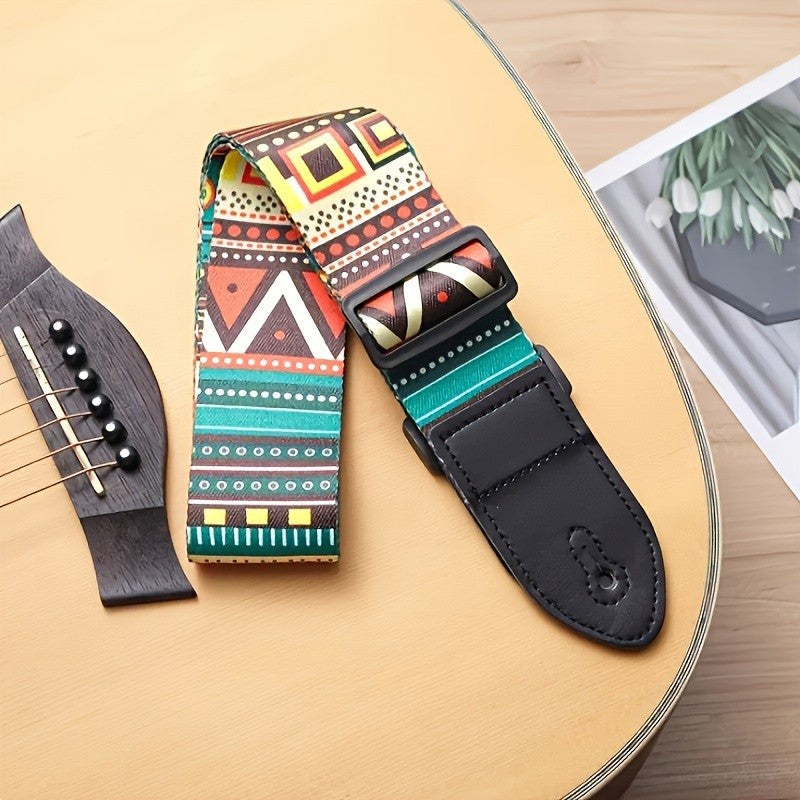 Bohemian Tribal Pattern Adjustable Guitar Strap made of faux leather and thick polyester, with secure locking system. Compatible with electric guitar, bass, and ukulele. Durable shoulder