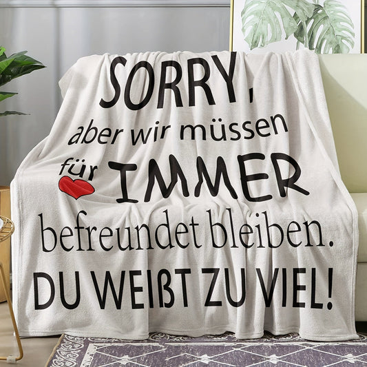 Ultra-Soft Flannel Blanket for Best Friends featuring a Humorous "Sorry, I'm Sorry" Quote. Cozy and Warm All-Season Throw perfect for Couch, Bed, Office, and Camping. Contemporary Style with Dry Clean Only care instructions.