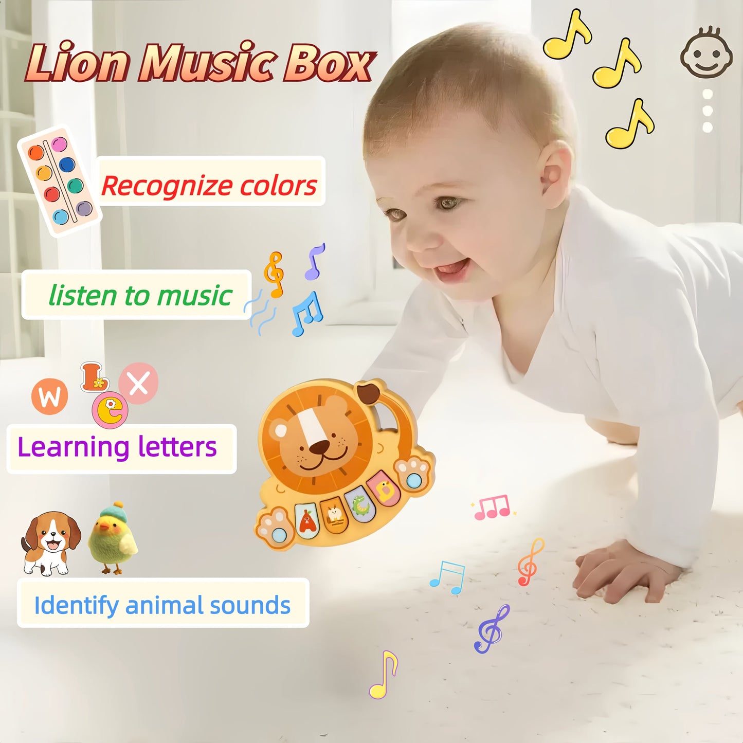 Lion Music Box Toy: A Cute Cartoon Musical Toy for Babies, Perfect for Learning and Education. Ideal Gift for Newborns for Christmas, Birthdays, or New Year. Made of Plastic in White, Pink, Yellow, or Blue. Requires AAA Batteries (not included) with a