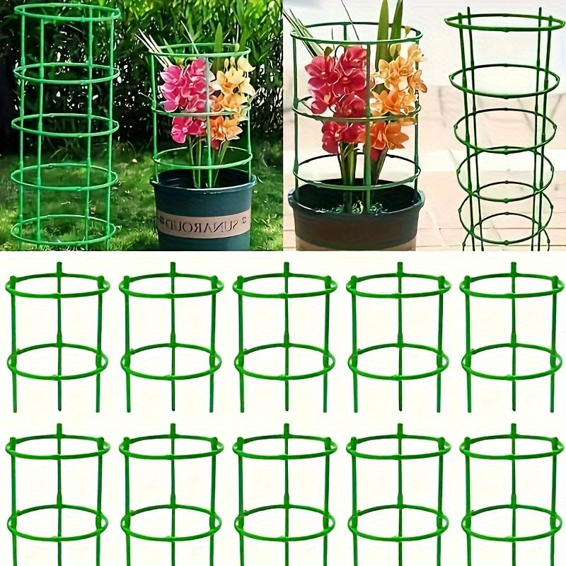 60 green plastic flower pot stakes with 10-layer stackable plant support rings for potted plants. Includes flower support hooks and hangers for outdoor gardening.