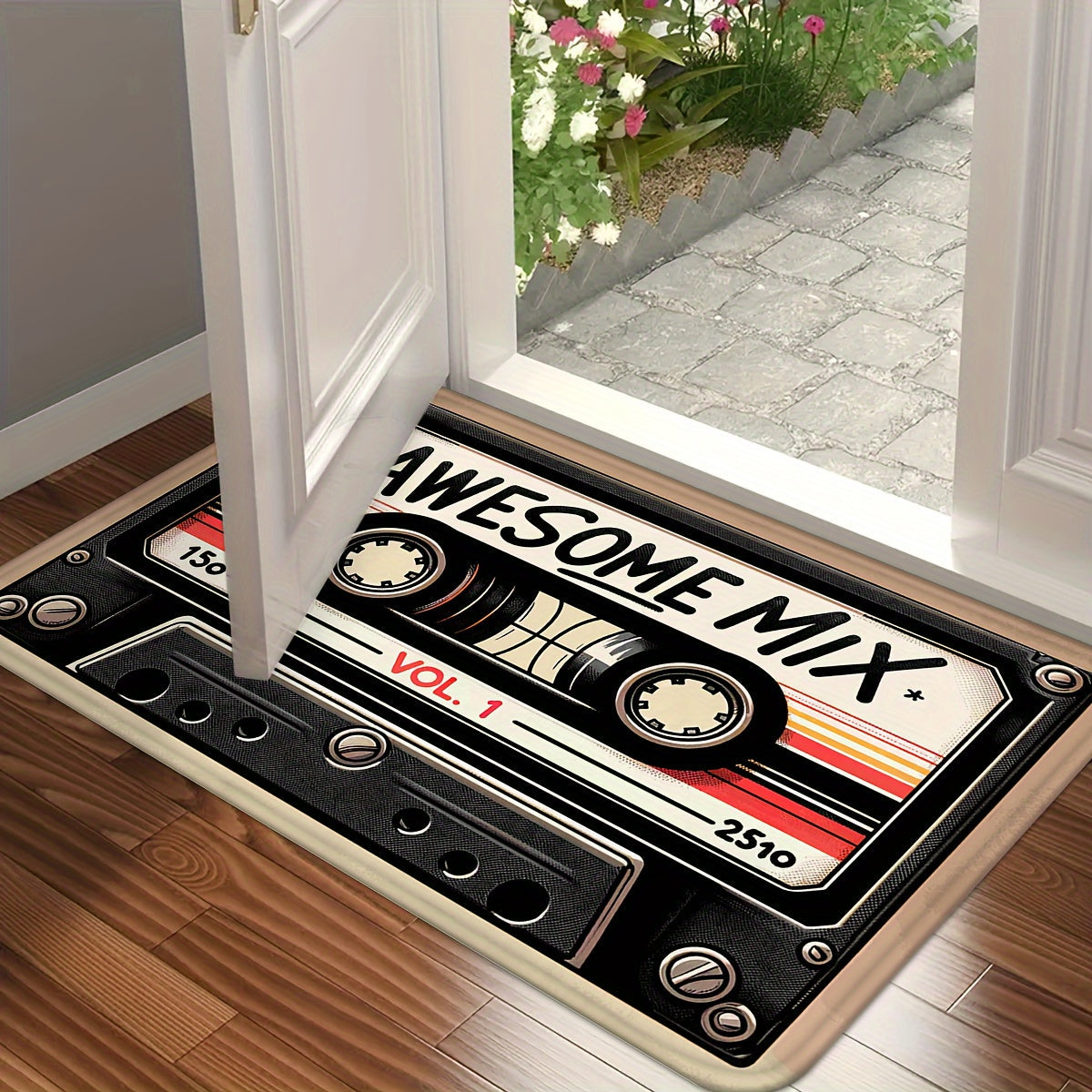 Retro Cassette Tape Welcome Mat - Plush, Anti-Slip & Colorfast Flannel Rug for Any Room - Easy-Care Home Accent