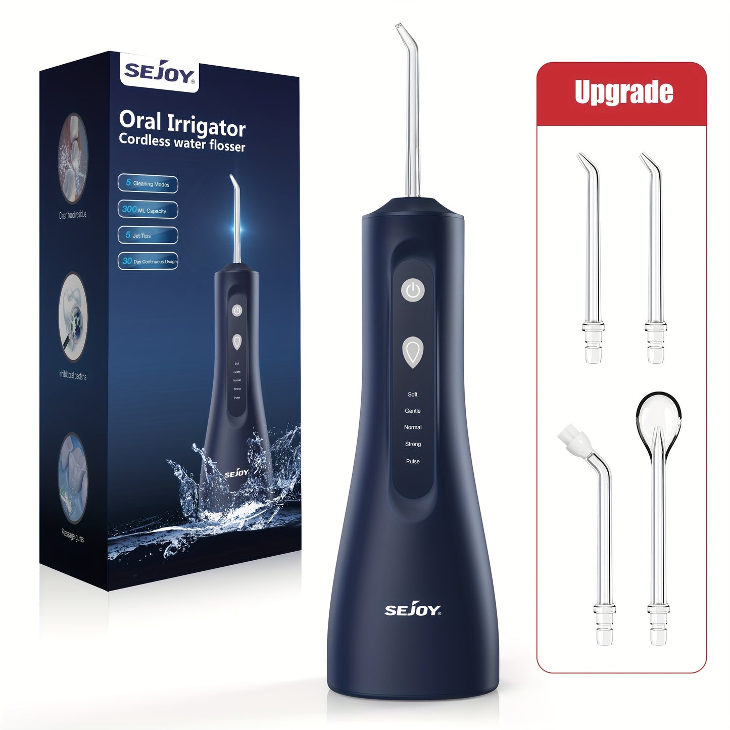 Cordless water dental flosser for teeth cleaning, with 5 modes and 5 tips. Suitable for home and travel.