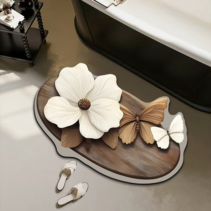 3D flower and butterfly pattern non-slip mat for bathroom, water-absorbent and quick-drying. Hand wash only, made of diatom mud material with rubber backing. Oval shape, machine made with