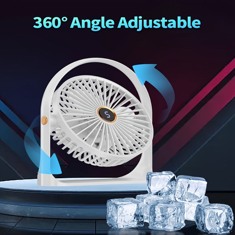 Compact USB powered table fan, 5W handheld rechargeable clip-on personal fan with lithium battery, operates quietly for use in home, office, car, and dorm - made of durable plastic with easy push button control.