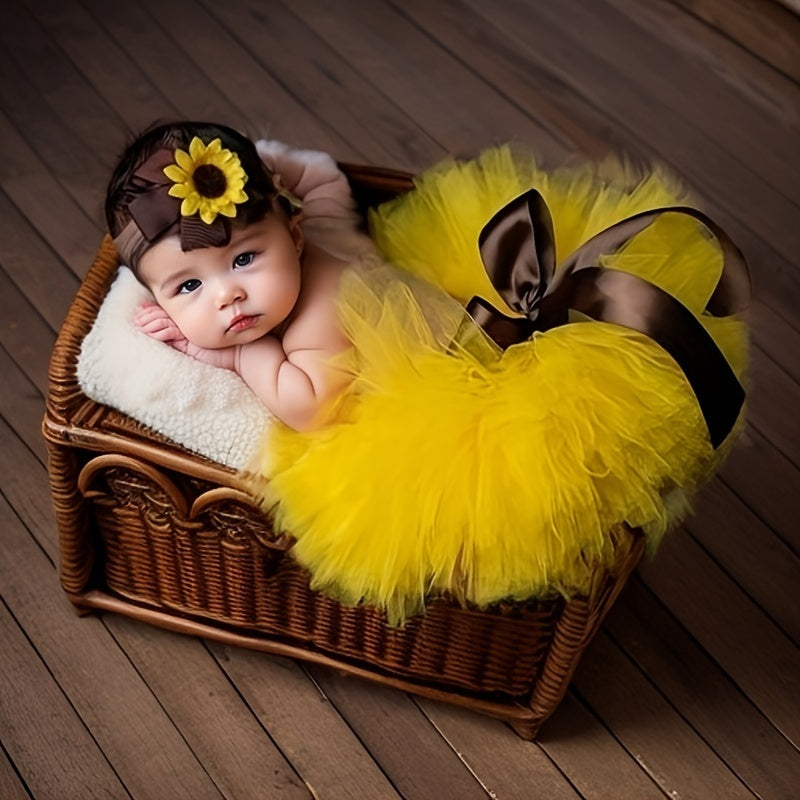 Newborn Baby Sunflower Tutu Skirt with Bow, Baby Headdress, Flower Girls Photography Prop Outfit, Costume